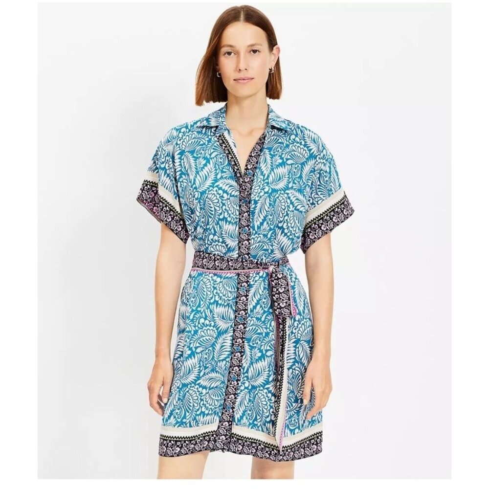 LOFT Size 4 Palm Collared Tie Waist Mini Dress in Grotto Teal - MISSING TIE BELT